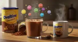 Nostalgic Ovaltine Chocolate drink setup with hot and cold versions, vitamins floating above.