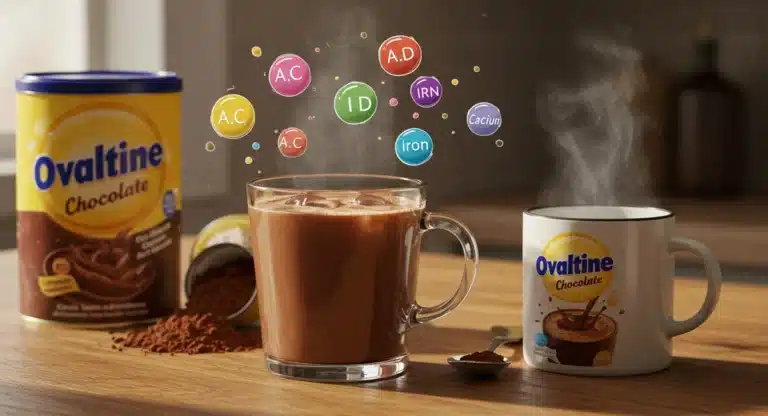 Nostalgic Ovaltine Chocolate drink setup with hot and cold versions, vitamins floating above.
