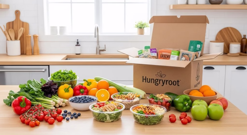Hungryroot reviews banner showing groceries, healthy meals, and delivery box on kitchen counter.