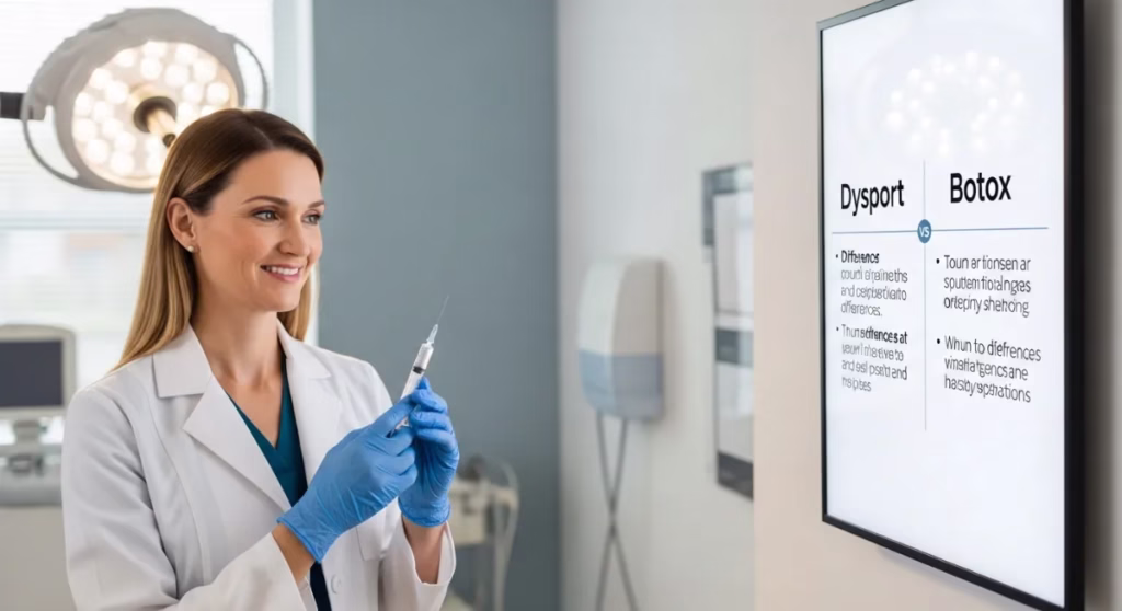 Dysport vs Botox comparison in a cosmetic clinic setting with dermatologist preparing injections.