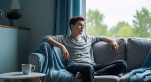 A person experiencing functional freeze, sitting quietly and appearing emotionally distant despite being in a calm environment.