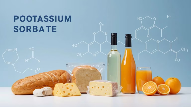 Potassium sorbate preservative used in packaged food, wine, and dairy products.