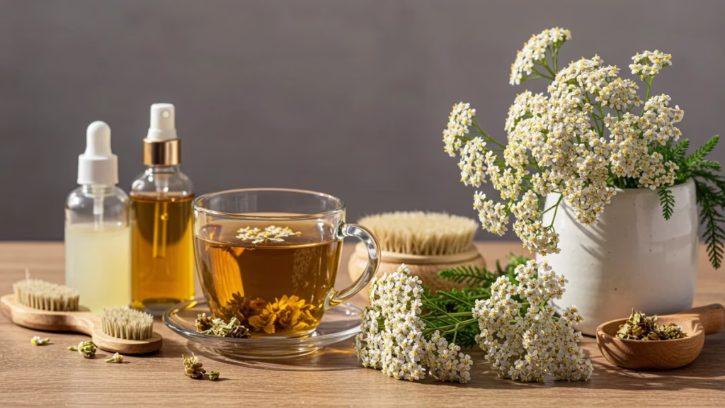Yarrow benefits illustrated with blooming yarrow flowers, herbal tea, and natural wellness remedies.