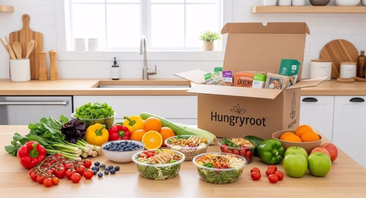 Hungryroot reviews banner showing groceries, healthy meals, and delivery box on kitchen counter.