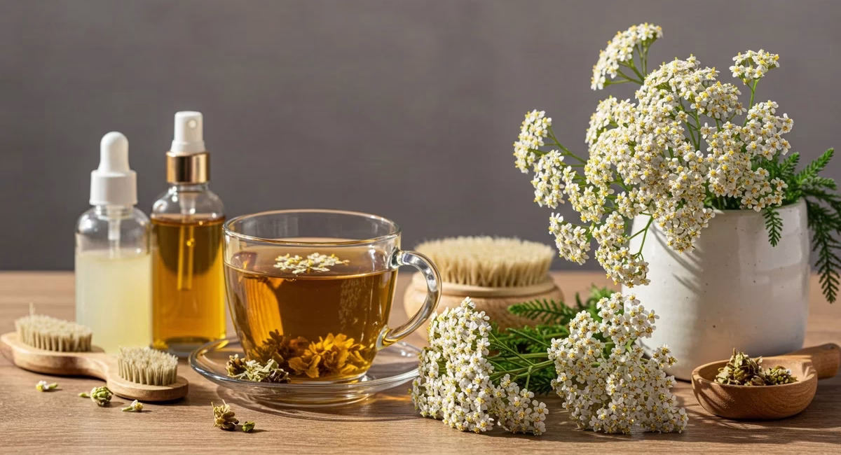 Yarrow benefits illustrated with blooming yarrow flowers, herbal tea, and natural wellness remedies.